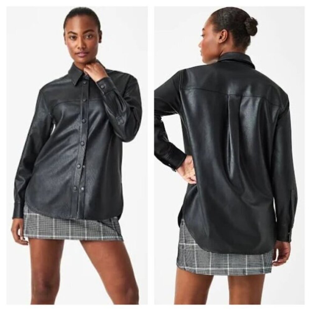 NWT SPANX Faux Leather Long Sleeve Shacket Shirt Jacket #20491R M Black